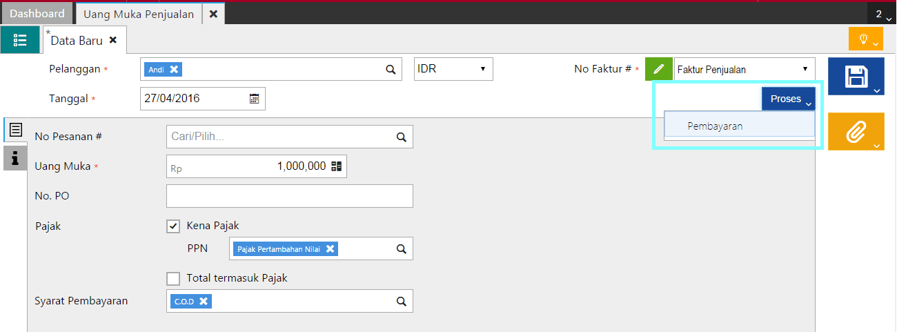 faktur penjualan berasal dari uang muka penjualan 