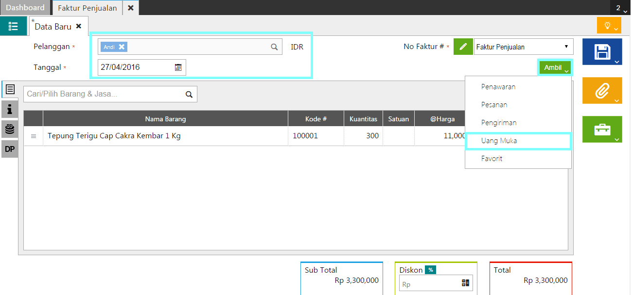 faktur penjualan berasal dari uang muka penjualan 
