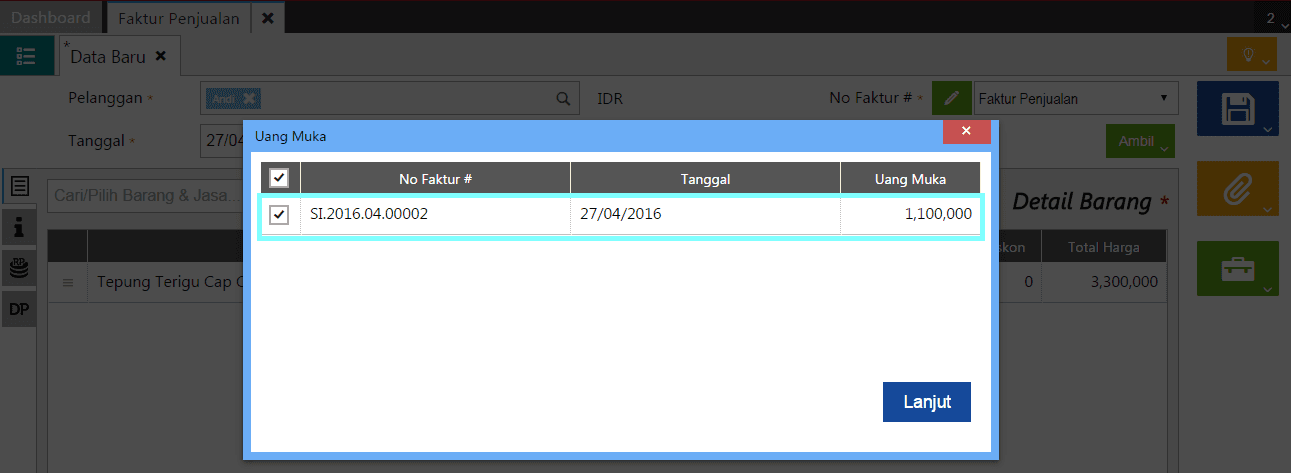 faktur penjualan berasal dari uang muka penjualan 